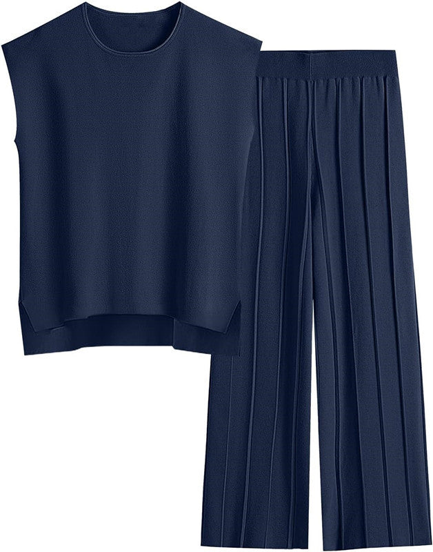 Damen elegantes Set mit kurzärmligem Oberteil und plissierter Hose R&B