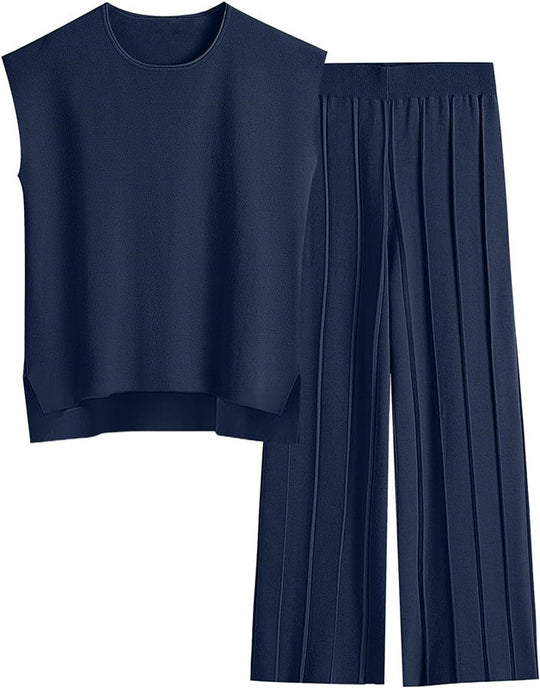 Damen elegantes Set mit kurzärmligem Oberteil und plissierter Hose R&B