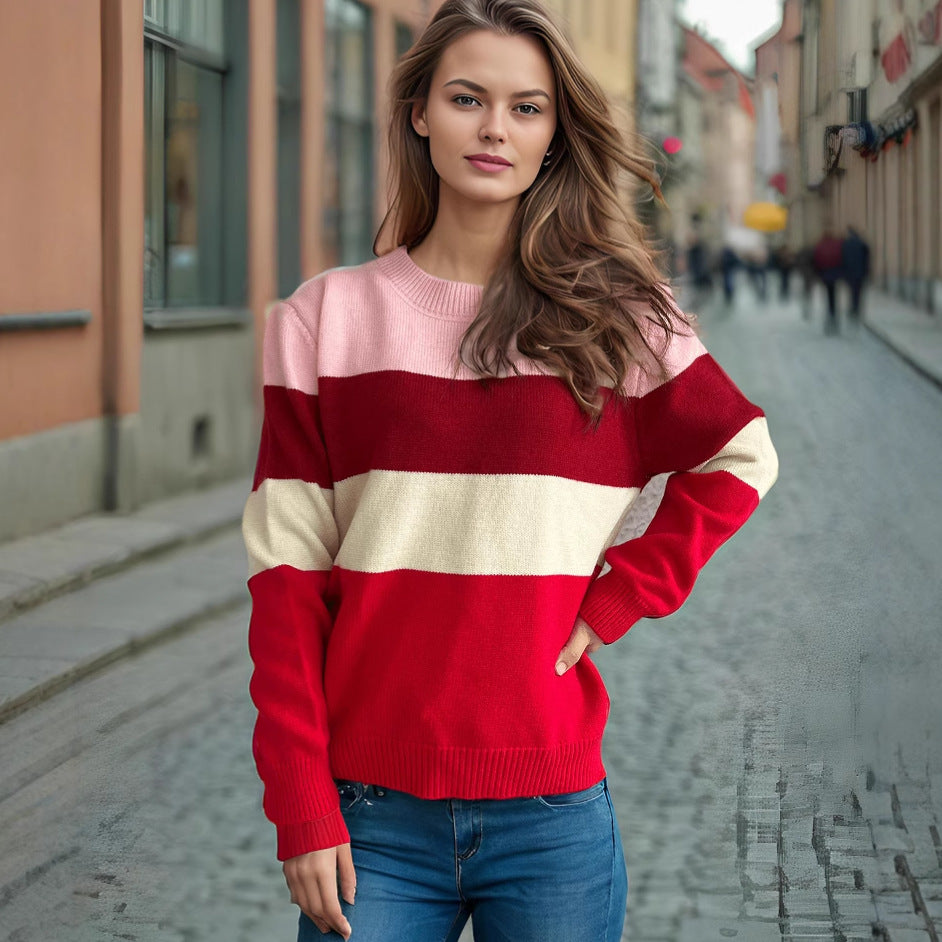 Damen lockerer Strickpullover mit buntem Streifenmuster R&B