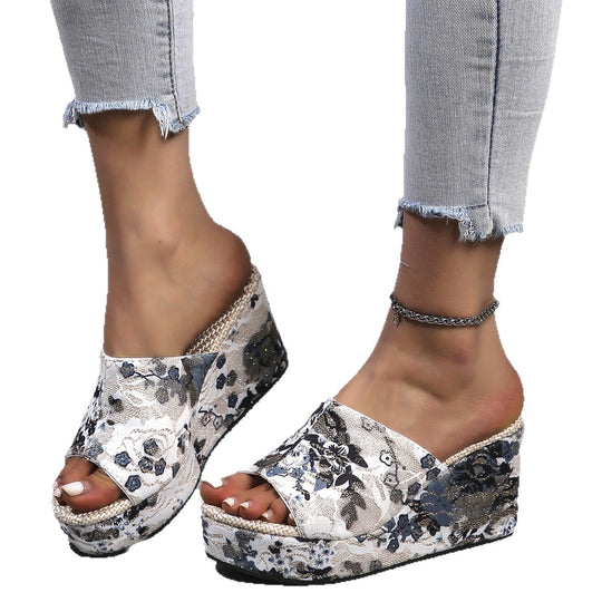 Damen Wedge-Pantoletten mit floralem Print und rutschfester Sohle R&B