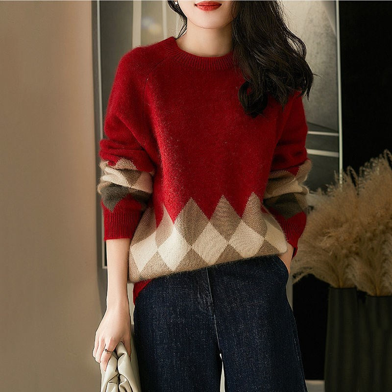 Damen lässiger Strickpullover mit modernem Rhombenmuster und weichem Material R&B