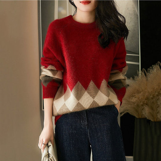 Damen lässiger Strickpullover mit modernem Rhombenmuster und weichem Material R&B