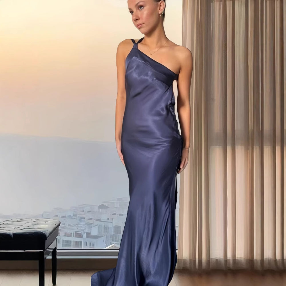 Damen Elegantes Satin Abendkleid mit asymmetrischem Schnitt und schmalem Träger R&B