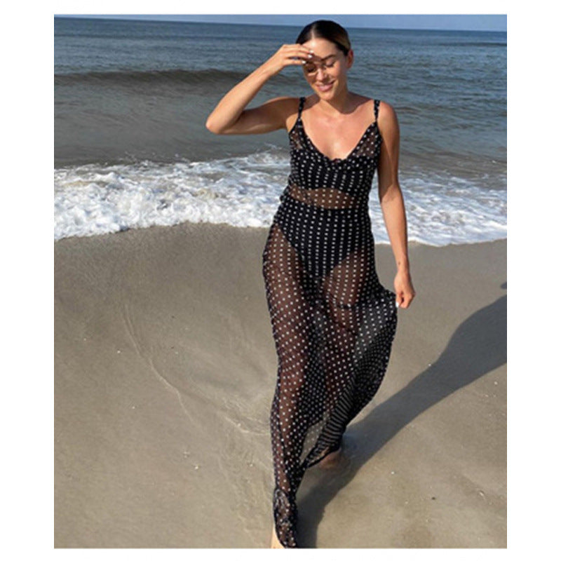 Damen transparentes Beachkleid mit Polka-Dot-Muster und fließendem Schnitt R&B