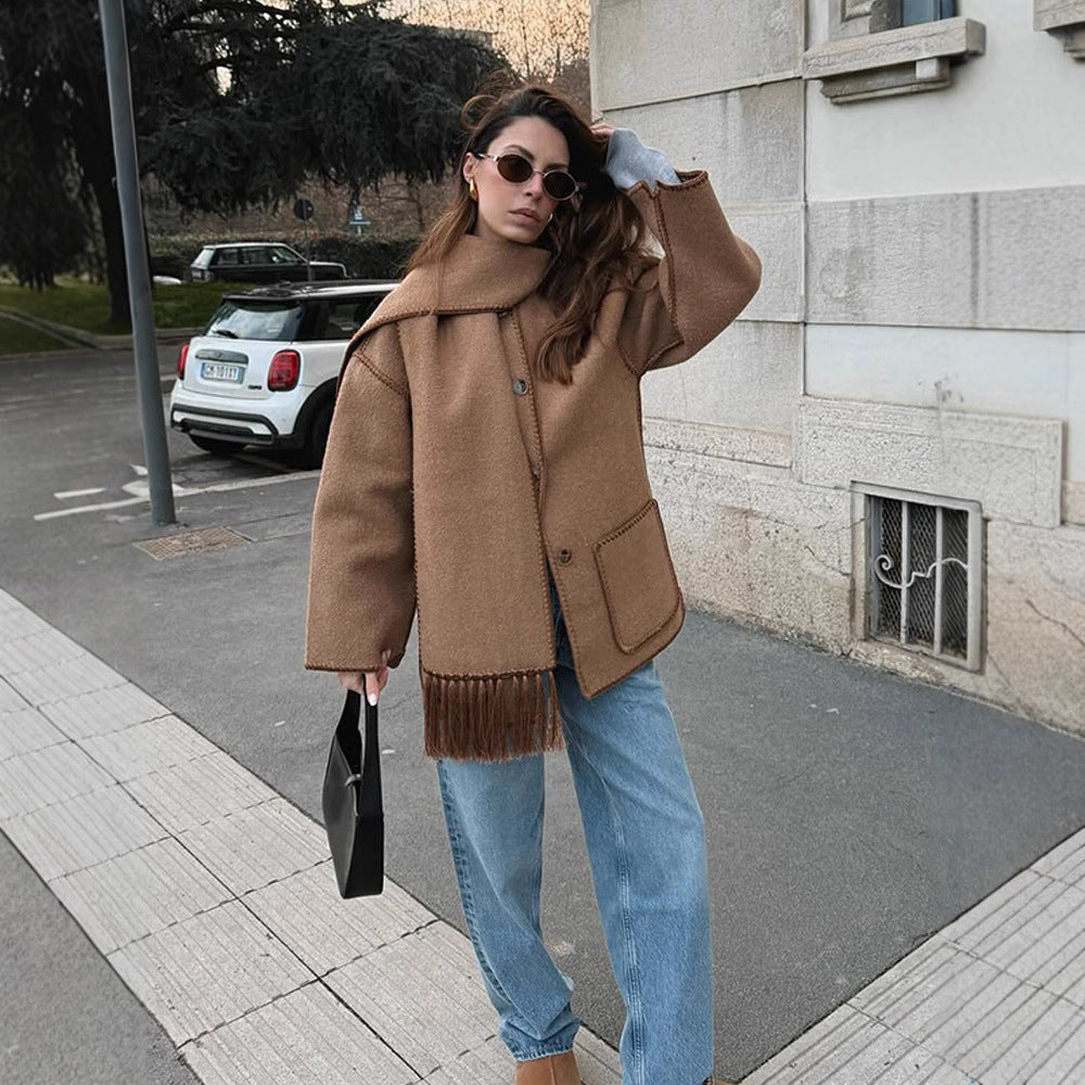 Damen oversized Mantel mit Fransendetails R&B