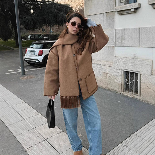 Damen oversized Mantel mit Fransendetails R&B