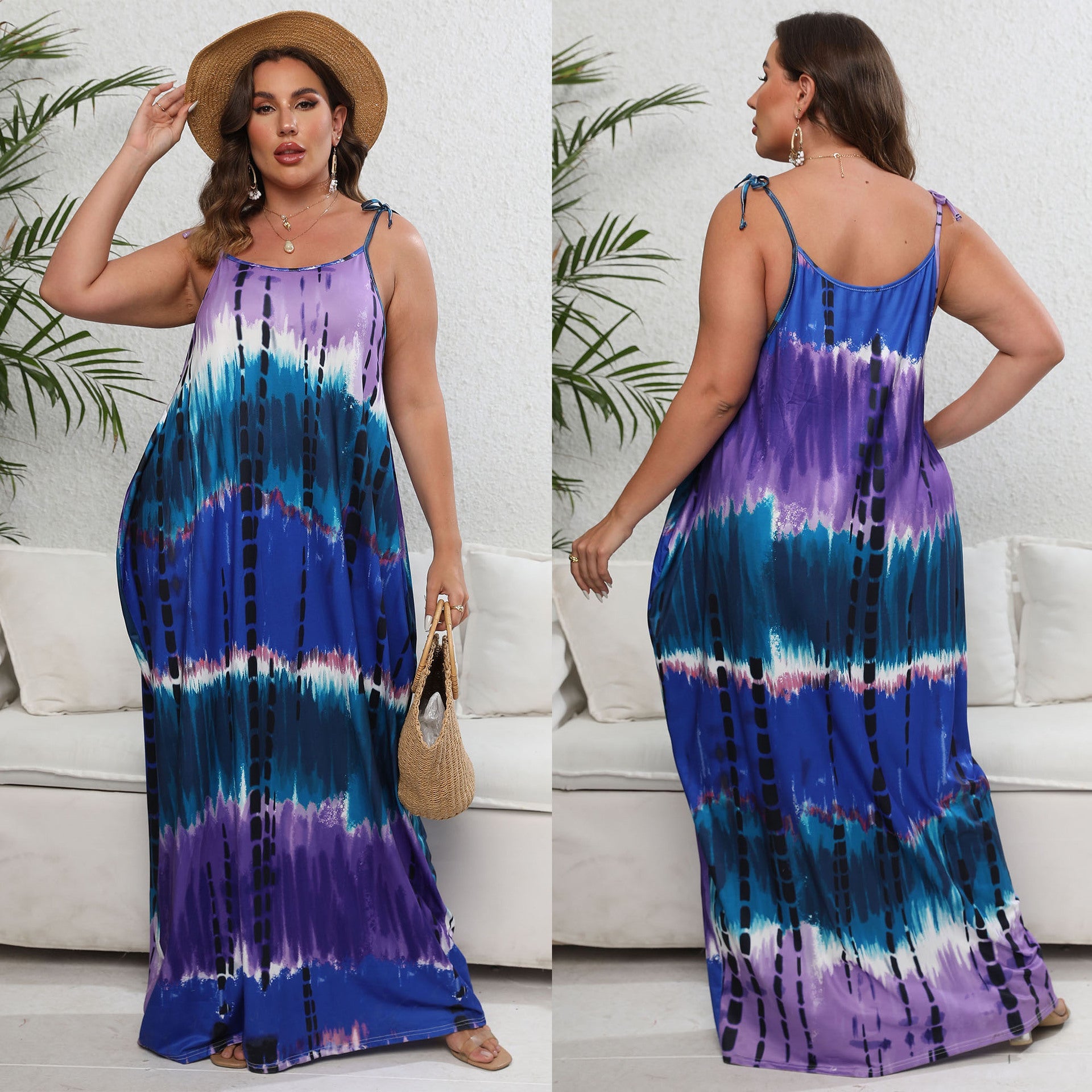 Damen luftiges Maxikleid mit buntem Batikmuster R&B