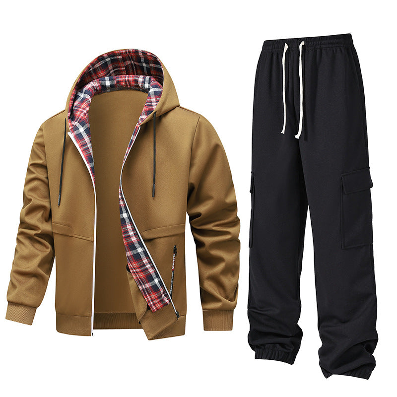 Herren lässiger Freizeitanzug mit Kapuze und kariertem Innenfutter R&B