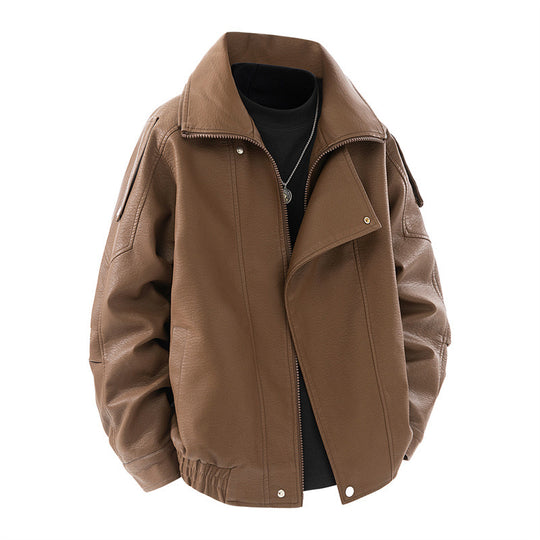 Damen modische Kunstlederjacke mit hohem Kragen und praktischen Seitentaschen R&B