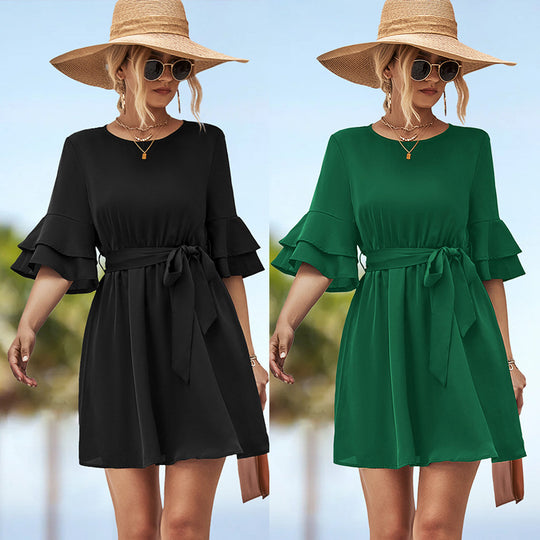 Damen Freizeitkleid mit voluminösen Rüschensäumen und tailliertem Gürtel R&B