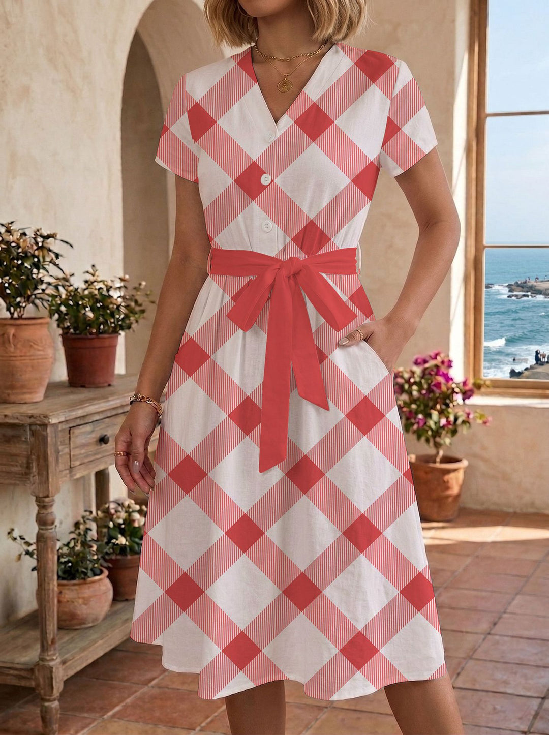 Damen lässiges Maxikleid mit taillierbarem Knoten und dekorativem Karomuster R&B