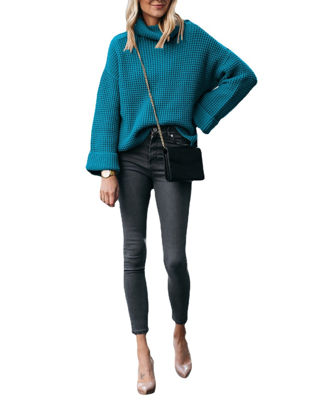 Damen modischer Grobstrickpullover mit hohem Kragen und voluminösen Ärmeln R&B