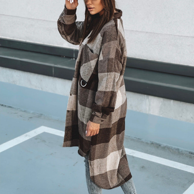 Damen Langer Karo-Wintermantel mit knöpfbarem Design und lockerer Passform R&B