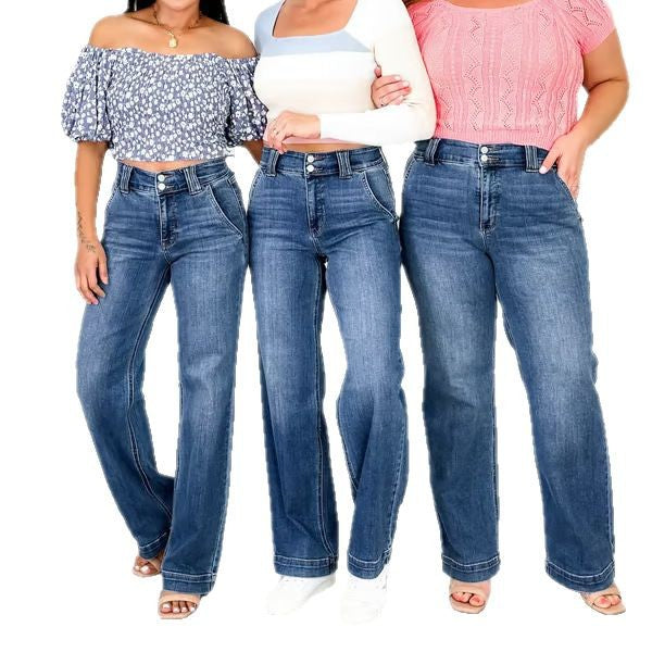 Damen Weit geschnittene Jeans im Vintage-Stil mit hohem Bund und eleganten Nähten R&B
