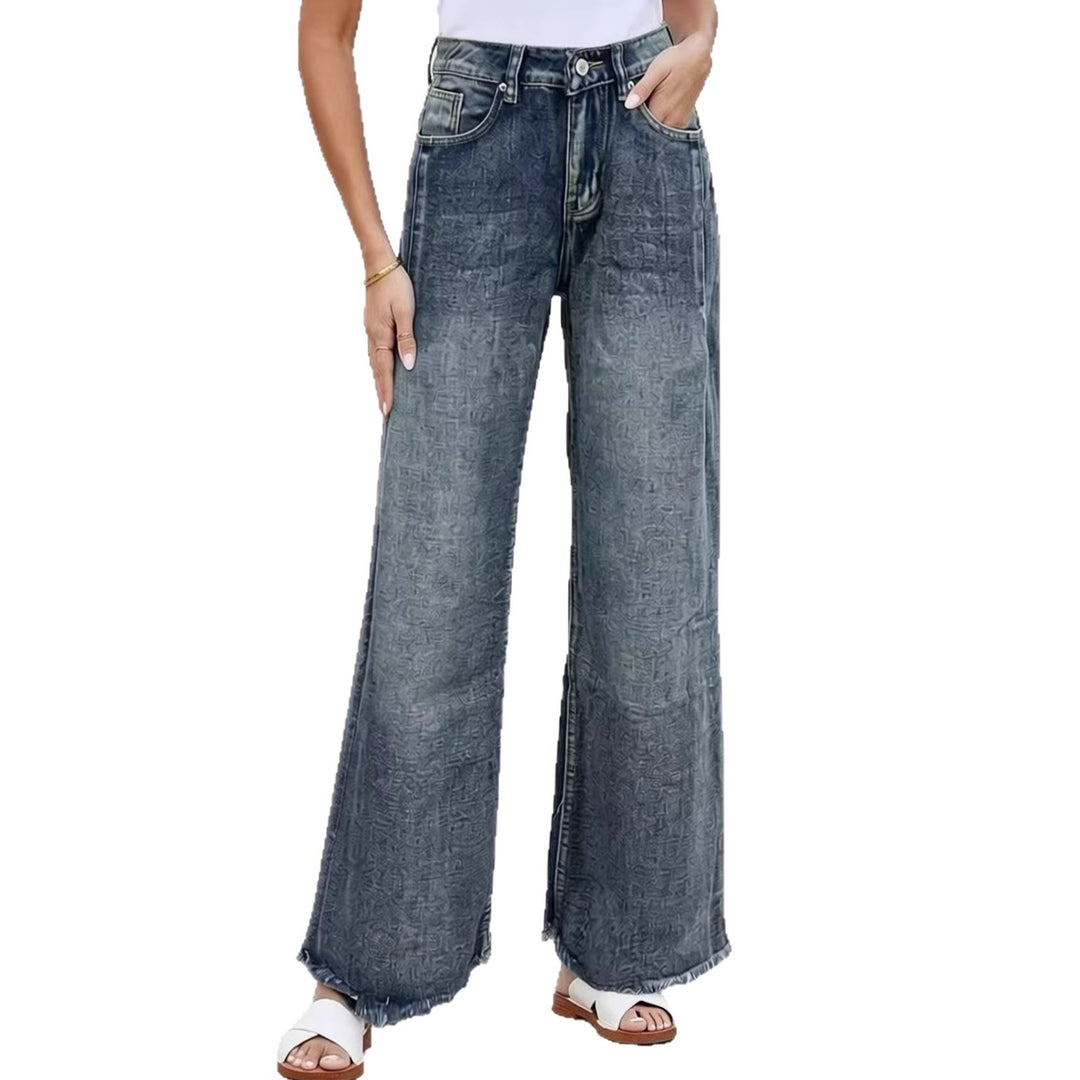Damen weite Denim-Jeans mit kreativem Muster und fransigem Saum R&B