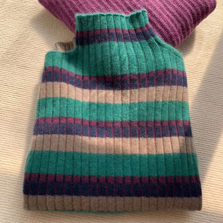 Damen Rippstrickpullover mit hohem Kragen und modischem Streifenmuster R&B