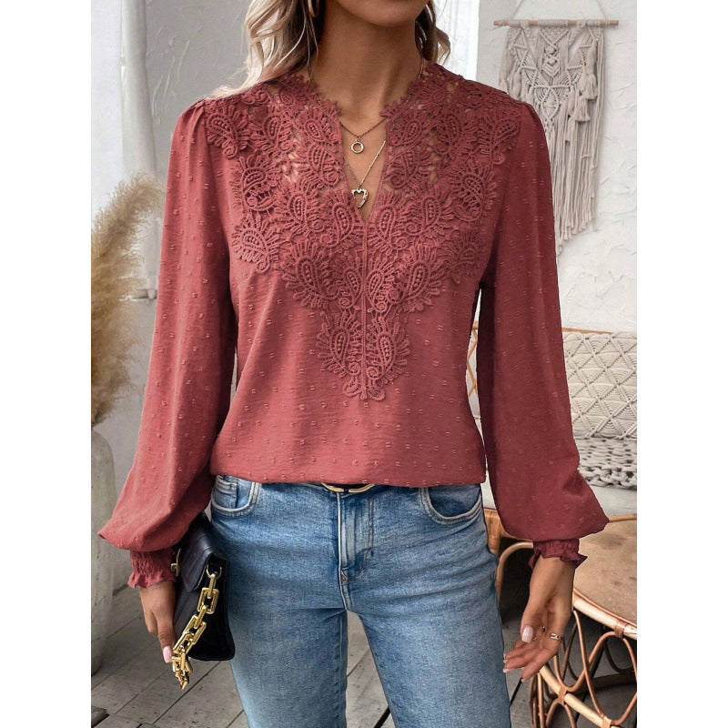 Damen Bluse mit gesticktem V-Ausschnitt und langen Ärmeln R&B