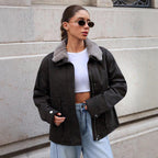 Damen lässige Übergangsjacke mit Kunstfellkragen und praktischen Taschen R&B