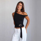 Damen Asymmetrisches Oberteil mit modischem Gürtel R&B