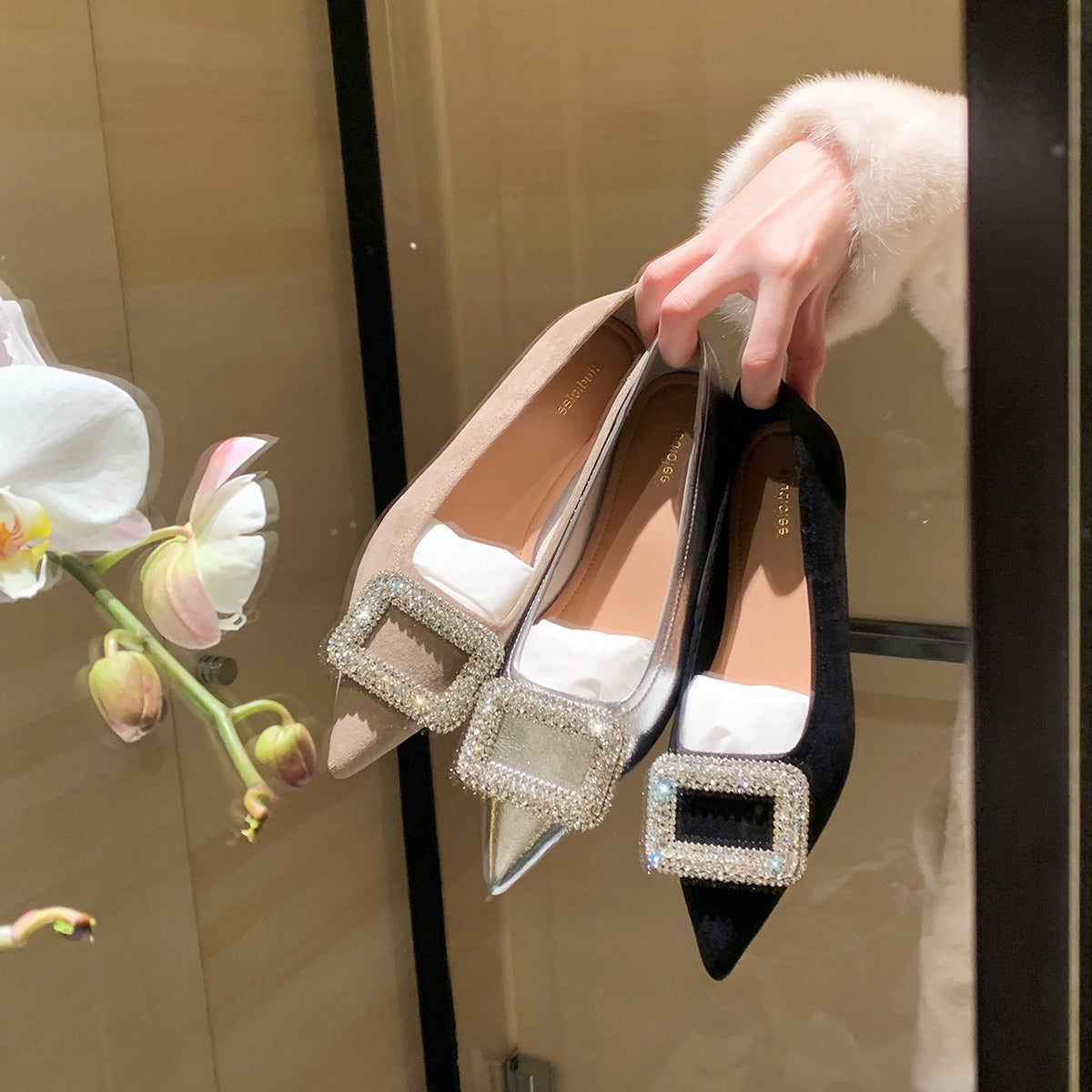 Damen elegante Ballerinas mit funkelnder Schnallenapplikation R&B