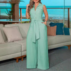 Damen Jumpsuit mit weitem Bein und Taillengürtel R&B