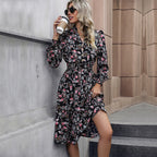 Damen Midi-Kleid mit floralen Rüschen und elegantem Stehkragen R&B