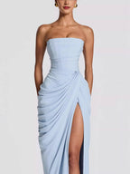 Damen Elegantes Bandeau Abendkleid mit Raffungen und Beinschlitz R&B
