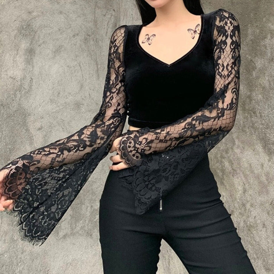 Damen Crop-Top mit eleganten Spitze-Ärmeln und figurbetontem Schnitt R&B