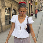 Damen Wickeloberteil mit Puffärmeln und femininem Peplum-Saum R&B