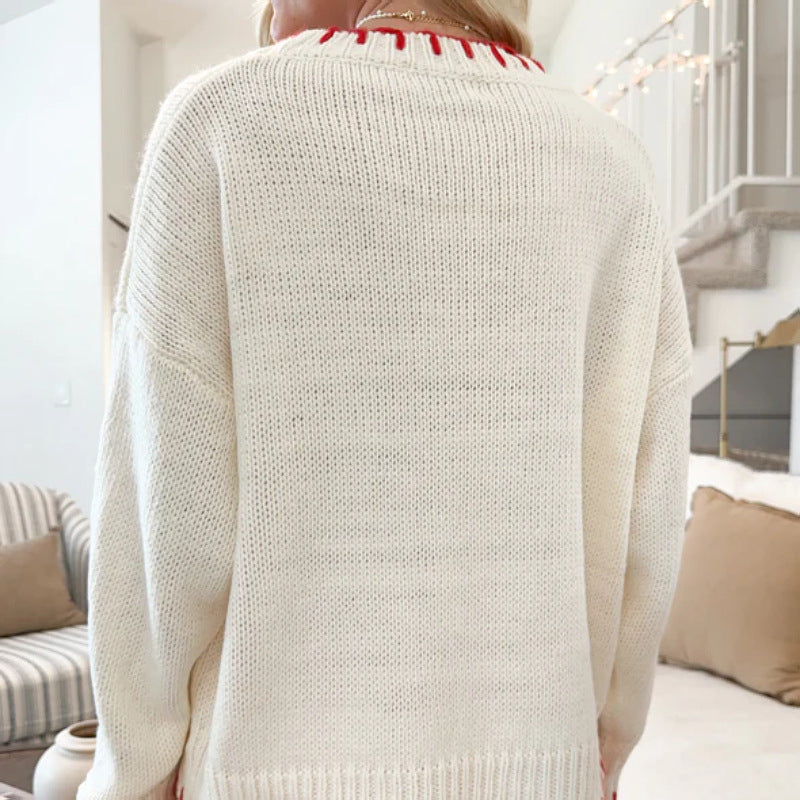 Damen Grob gestrickter Pullover mit dekorativem Schleifenmuster und kontrastierenden Abschlüssen R&B