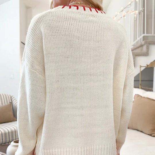 Damen Grob gestrickter Pullover mit dekorativem Schleifenmuster und kontrastierenden Abschlüssen R&B
