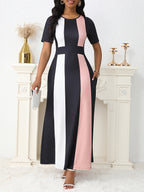 Damen Maxikleid mit modischem Blockstreifen-Design und praktischen Taschen R&B
