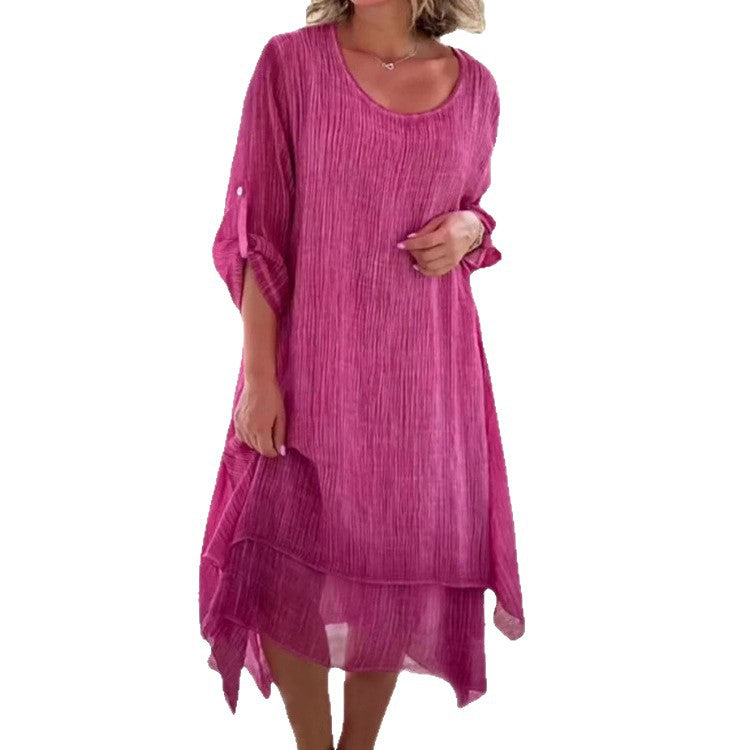 Damen nan weites Musselin-Midikleid mit rundem Halsausschnitt, krempelbaren halblangen Ärmeln und mehrlagigem Stufenrock R&B