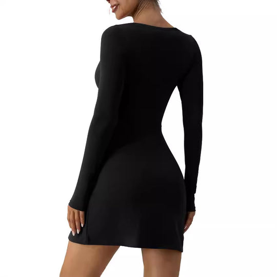 Damen elegantes Minikleid mit tiefem Herzausschnitt und langen Ärmeln R&B