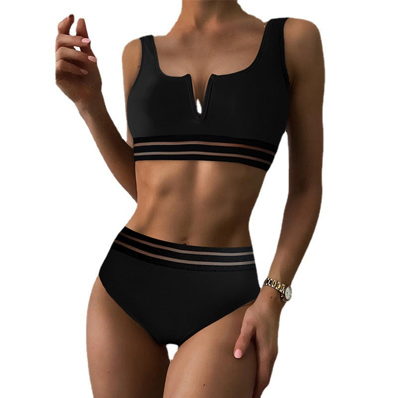 Damen Sportliches Bikini-Set mit Hohem Bund und Transparenten Akzenten R&B