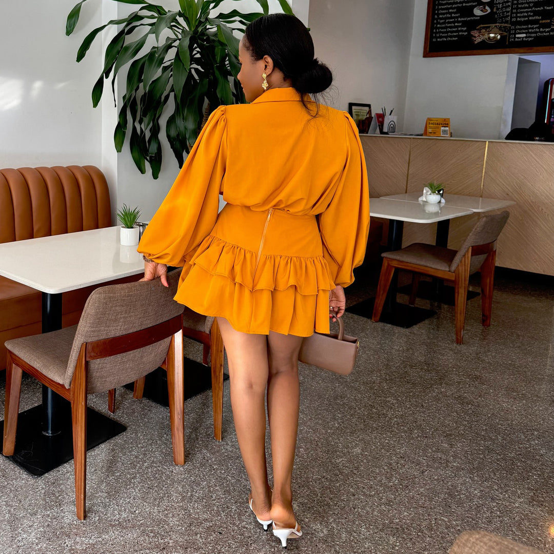 Damen Hemdblusenkleid mit voluminösen Puffärmeln und fließendem Rock R&B