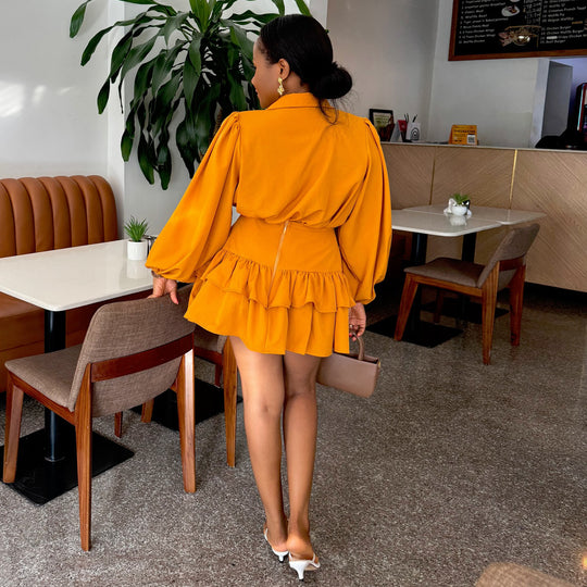 Damen Hemdblusenkleid mit voluminösen Puffärmeln und fließendem Rock R&B