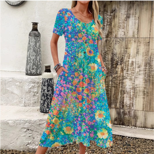Damen Maxi-Kleid mit floralem Design und praktischen Taschen R&B