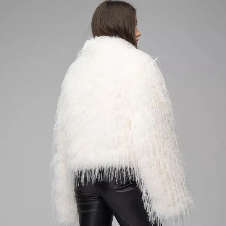 Damen Trendige Kunstfelljacke mit eleganten Fransen