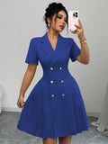 Damen elegantes A-Linien Kleid mit doppelter Knopfleiste und plissiertem Rock R&B