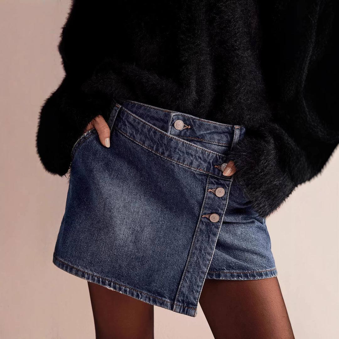 Damen modischer A-Linien-Denimrock mit asymmetrischem Knopfdesign und praktischen Taschen R&B