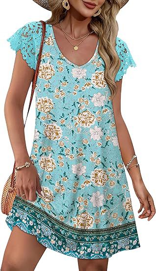 Damen Sommerkleid mit eleganten Spitzenärmeln und floralem Muster R&B