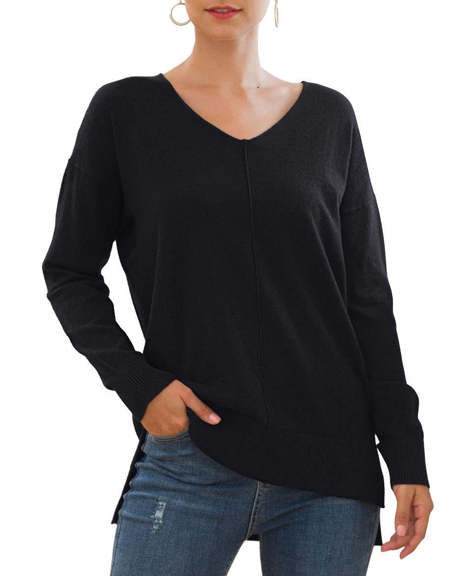 Damen eleganter V-Ausschnitt Pullover mit asymmetrischem Saum R&B