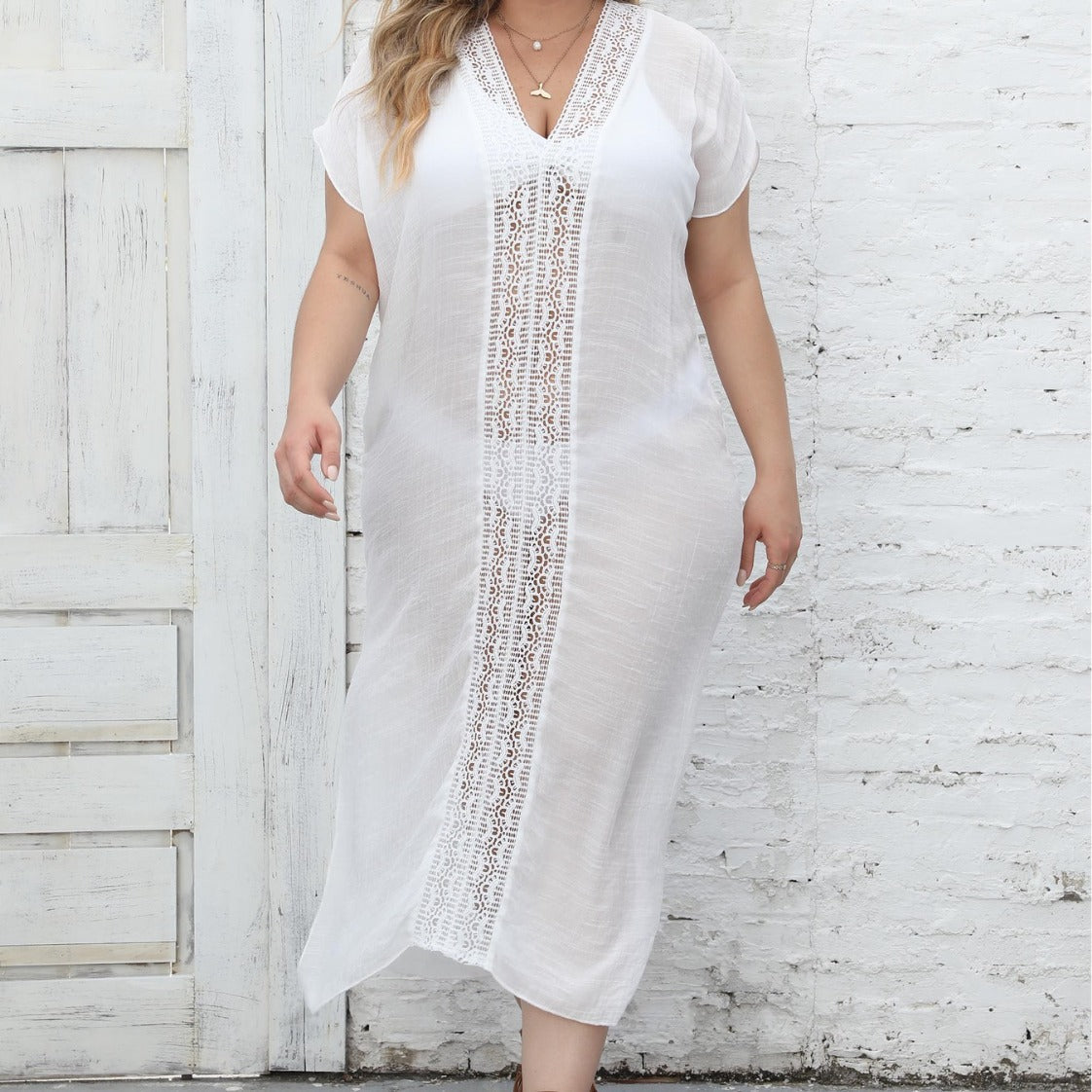Damen eleganter Maxi-Kaftan mit großzügigem V-Ausschnitt und filigranen Häkelakzenten R&B