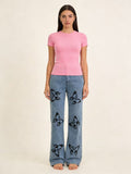 Damen Flared Jeans mit Blumendruck und hohem Bund