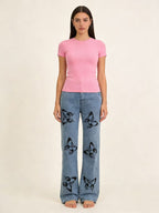 Damen Flared Jeans mit Blumendruck und hohem Bund