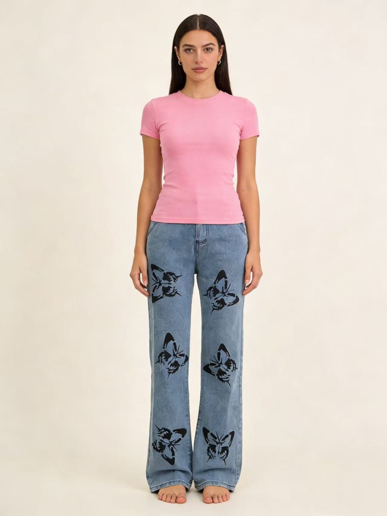 Damen Flared Jeans mit Blumendruck und hohem Bund