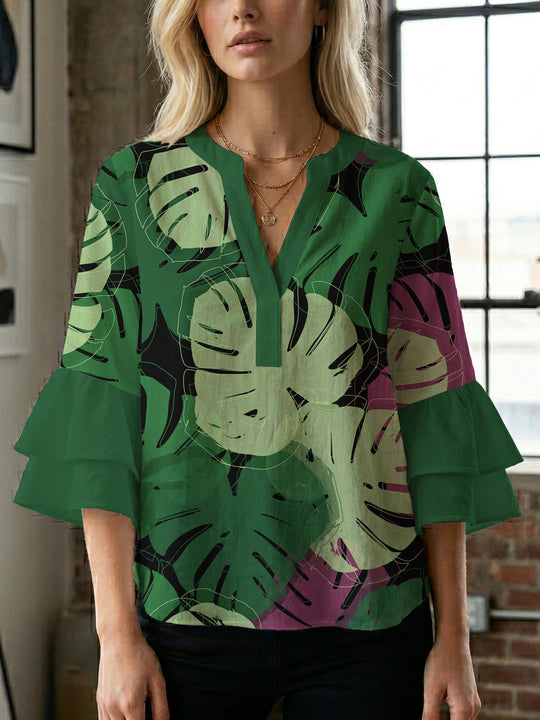 Damen Bluse mit voluminösen Flügelärmel und intensivem Blattmuster R&B