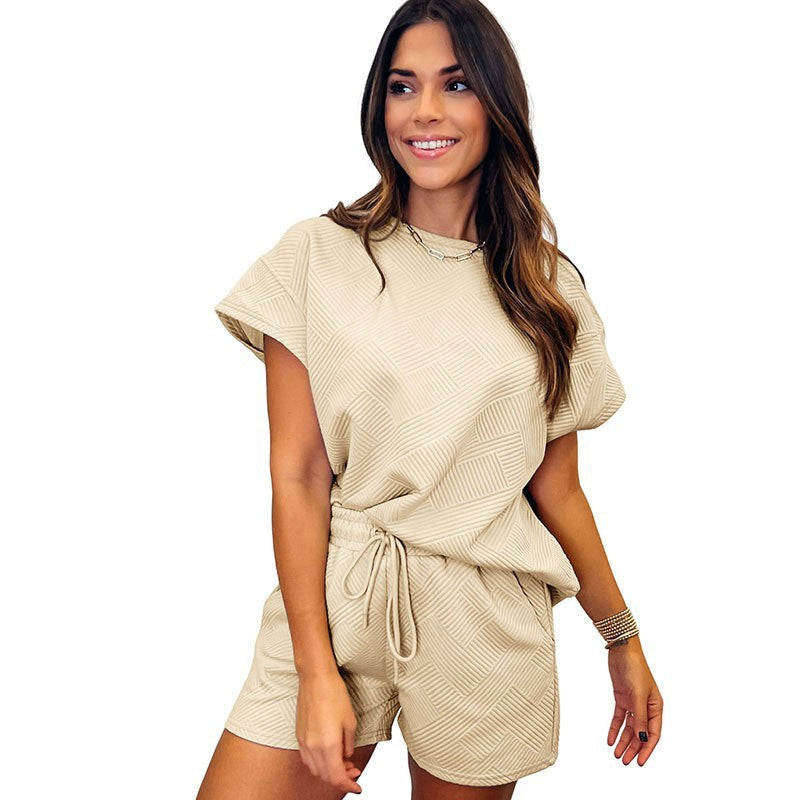 Damen gemütliches Freizeit-Set mit strukturiertem Oberteil und Shorts R&B