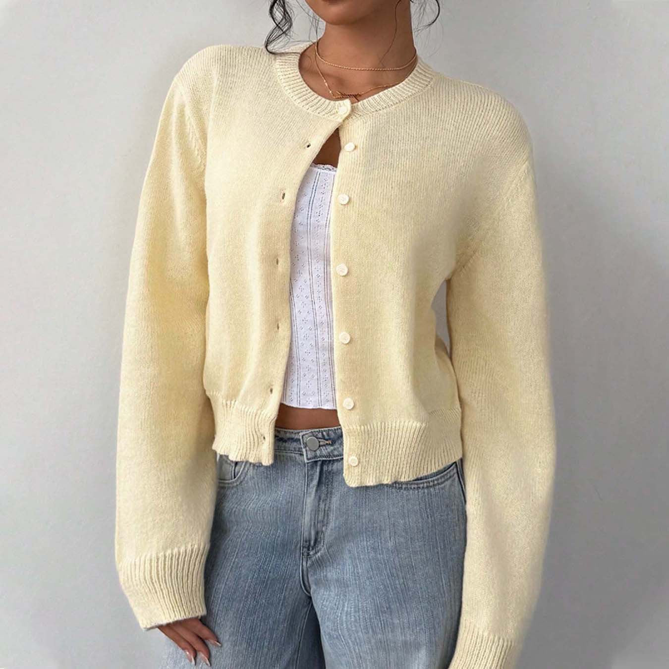 Damen leichte Strickjacke mit Knopfdetails und Rundhalsausschnitt
